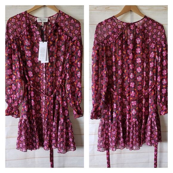 Saloni Pixie Silk Chiffon Floral Print Ruffled Mini Dress Size 6 Pink Red - Picture 5 of 16